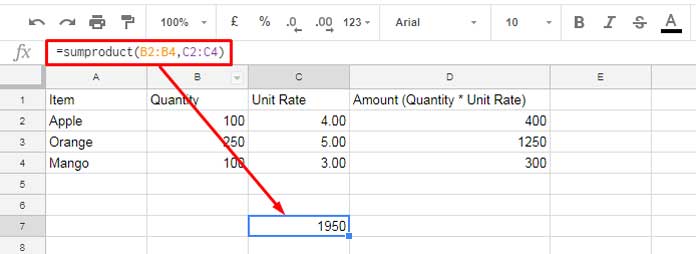 Basic Example to Google Sheets SUMPRODUCT