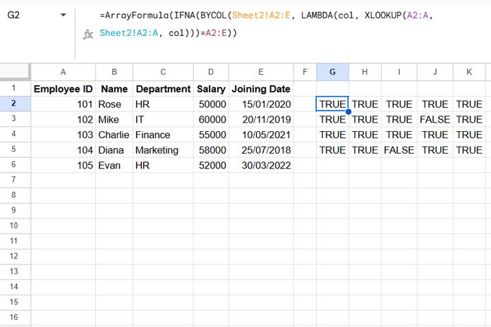 Comparing two sets of multi-column data for differences in Google Sheets