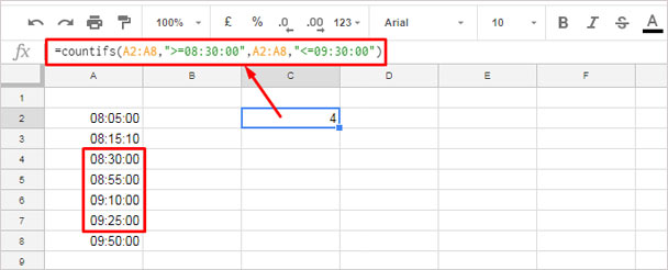 Examples to COUNTIFS in a Time Range - Time only column