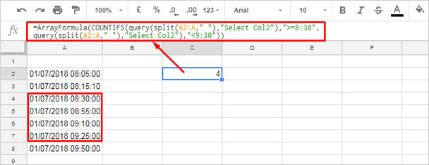 Count time duration in a timestamp column - Countifs and Query combo