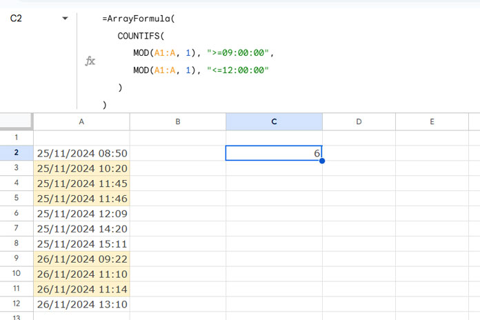 Using Time Criteria in a Date-Time Range in Google Sheets