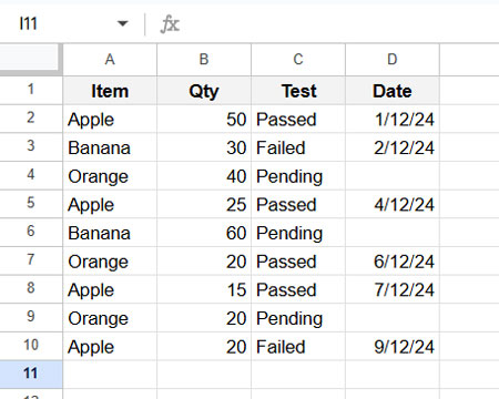 Sample data demonstrating COUNTIFS with 'Not Equal To' in infinite ranges in Google Sheets