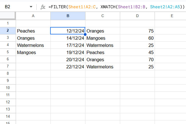 Example of filtering data based on a list in another tab in Google Sheets