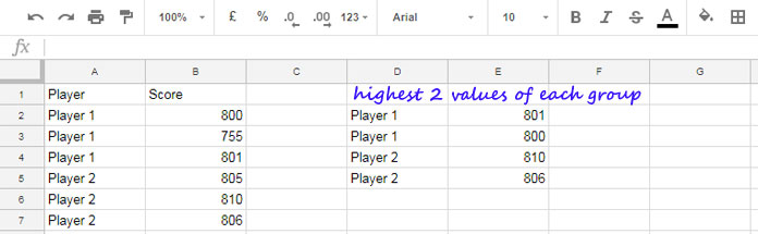 Formula to Find the highest 2 values in each group