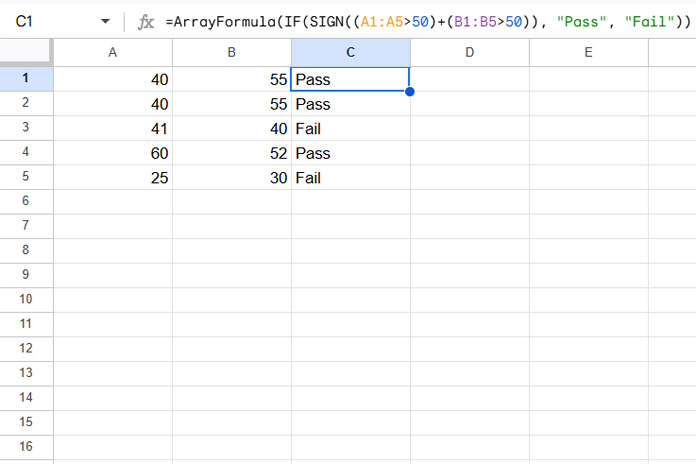 Example of using the SIGN function for a logical test in Google Sheets