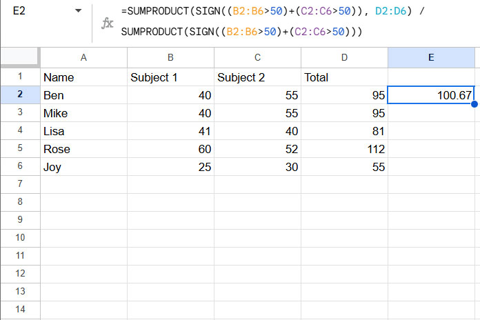 Example of using the SIGN function with the SUMPRODUCT function in Google Sheets