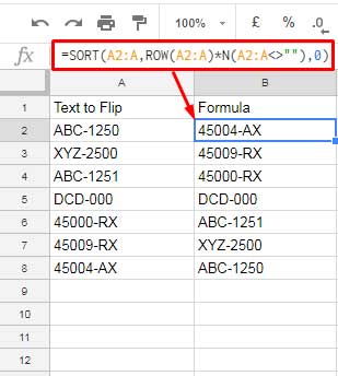 Flipping a column in Google Sheets without a helper column