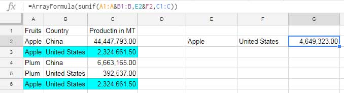 multiple criteria Sumif formula example 1