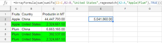 sumifs formula with 3 conditions in Google Sheets