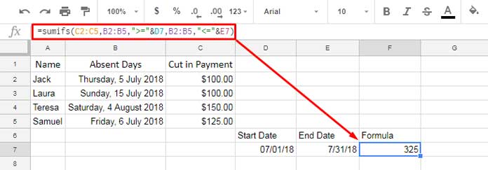 SUMIFS Function Between Two Dates in Google Sheets