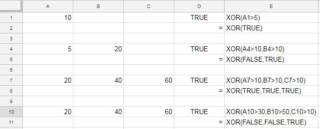 examples to xor logical function in google sheets