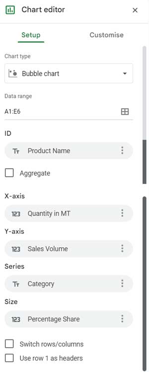 Bubble chart basic settings in Google Sheets