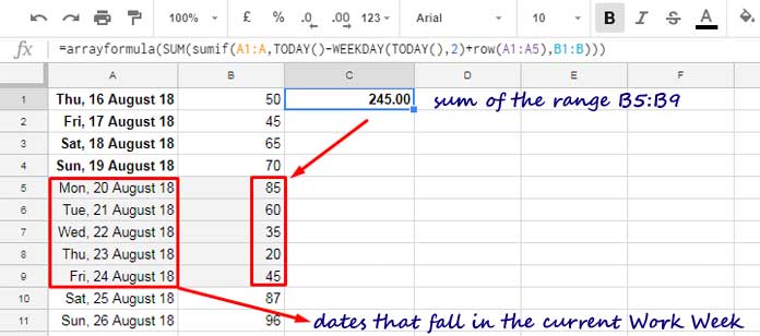 conditionally sum current work week data using sumif