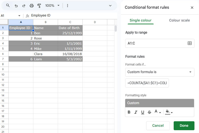 An example in Google Sheets showing highlighted rows where all cells in the row contain content