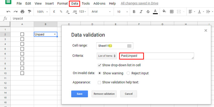 data validation rule for dynamic tick box
