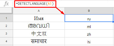 example of the DETECTLANGUAGE Function