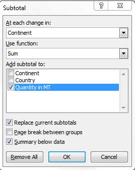 Excel Subtotal settings