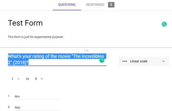 Linear scale question in Google Forms edit view