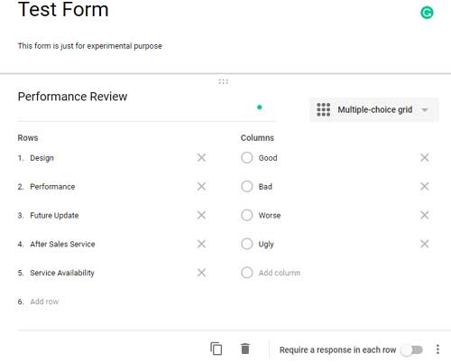 Setting up a multiple-choice grid in Google Forms