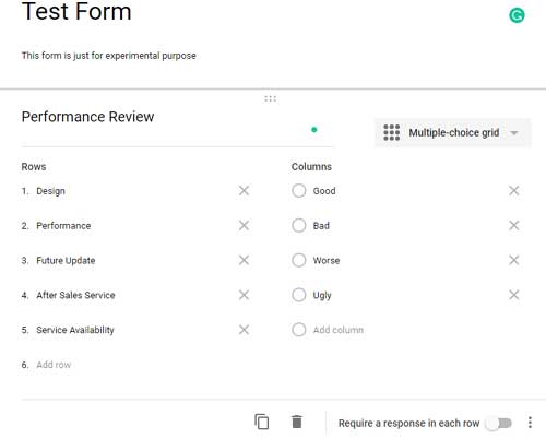 How to set up multiple choice grid in Google Doc Forms