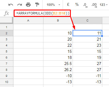 odd function in Google Sheets in an array