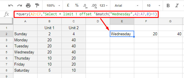 Example of using MATCH with the OFFSET clause in a QUERY in Google Sheets