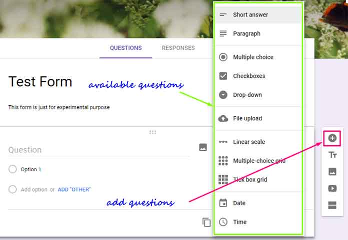 Available question types in Google Forms