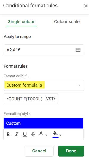 Inputting the Across-Sheet Formula in the Conditional Formatting Panel