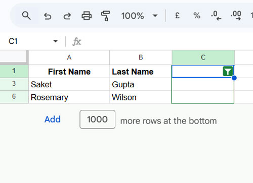 Example of filtering custom/selected column-based duplicates in Google Sheets using a custom formula