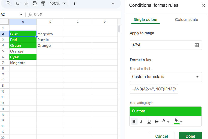 An example showing how to highlight differences between two lists in Google Sheets using conditional formatting