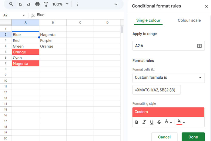 An example demonstrating how to highlight matches between two lists in Google Sheets using conditional formatting