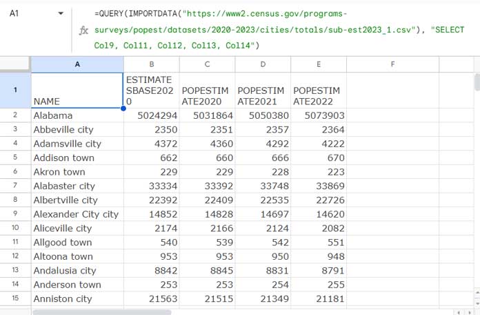 Manipulating CSV data imported using the IMPORTDATA function with the QUERY function in Google Sheets