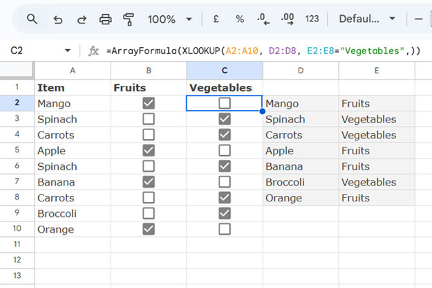 Example of using a lookup function to toggle tick boxes in Google Sheets