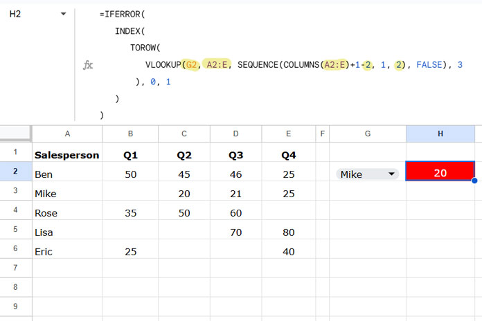 Example of moving the index column if blank in VLOOKUP in Google Sheets