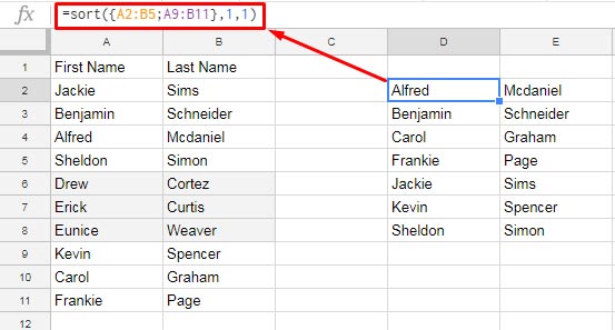 sort selected cells in google sheets