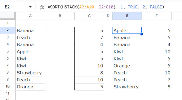 Example of sorting data in two distant columns