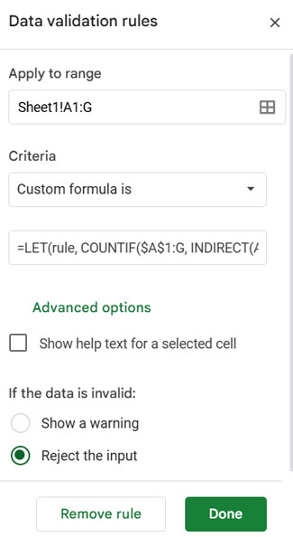 Prevent Duplicates in Google Sheets: Data Validation Settings