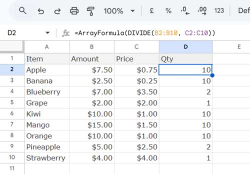 Sum quantities when given price and amount in Google Sheets