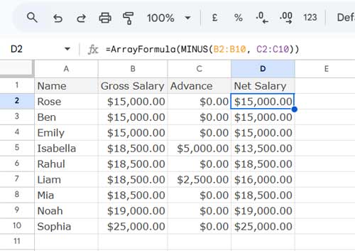 Example of subtracting advance from gross salary in Google Sheets