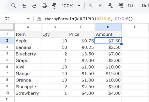 Example of multiplying quantities by price in Google Sheets