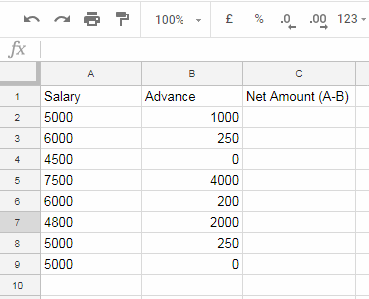 Minus in a column in Google Sheets