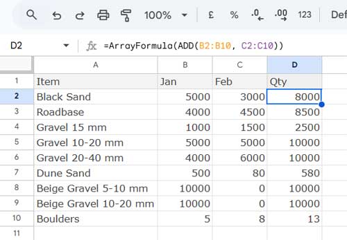 Total supply for two months calculated row by row in Google Sheets