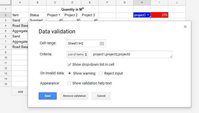 Data validation for Sumif