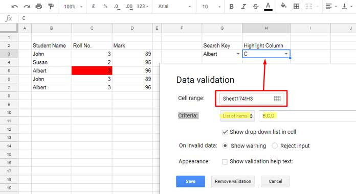 data validation for Vlookup highlighting