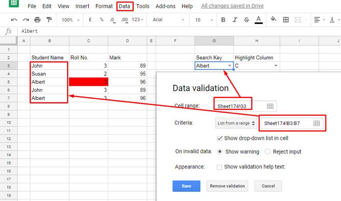 drop-down for Vlookup highlighting