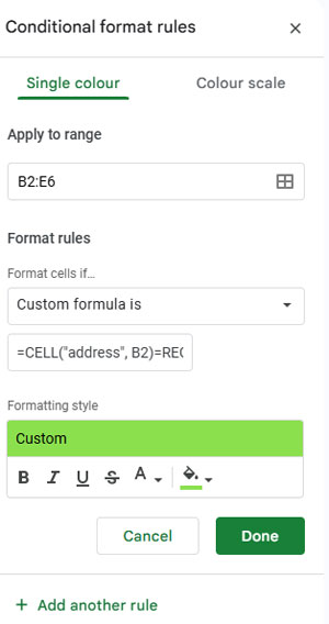 Conditional formatting settings to highlight intersection value in Google Sheets