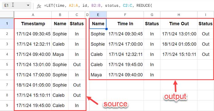 Example of Combining Time In and Time Out into the Same Row in Google Sheets