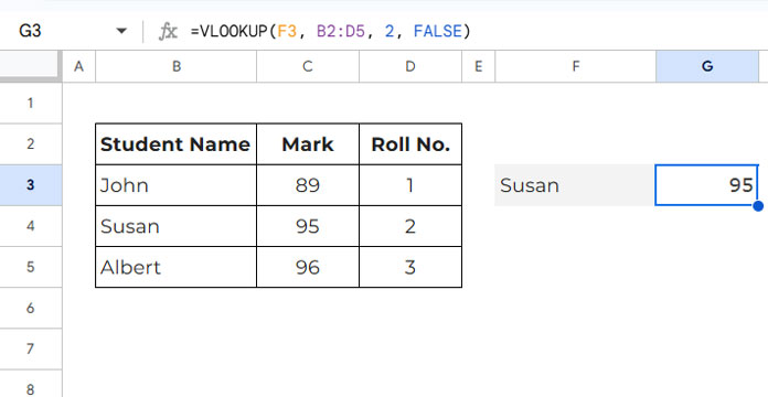 Conventional VLOOKUP example in Google Sheets retrieving data from a table