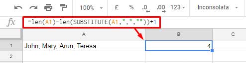 Counting comma-separated words in a cell in Google Sheets