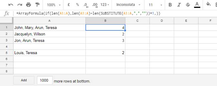 Array Formula to Count Comma Separated Words in Google Sheets